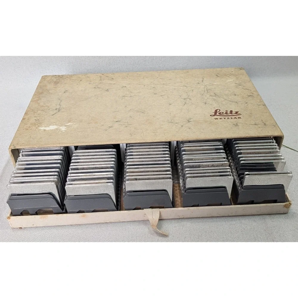Leitz Wetzlar Slide Storage Box Vintage Tan Fair Metal Frames 35mm Photography